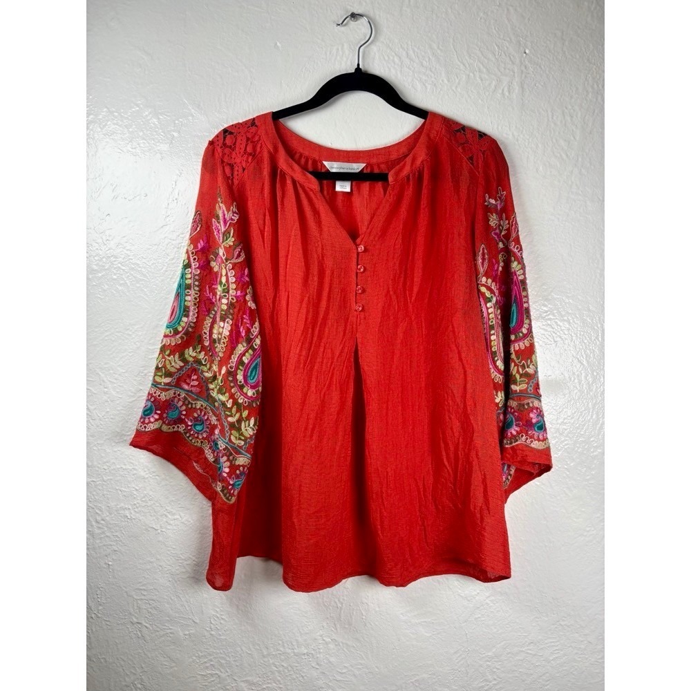 Orange Paisley Embroidered Bell Sleeve Tunic Top Size L Boho Peasant Whimsy